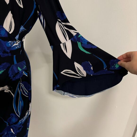 Lauren Ralph Lauren size 10 Blue Abstract Floral Bell Sleeve Faux Wrap Dress - Picture 5 of 14